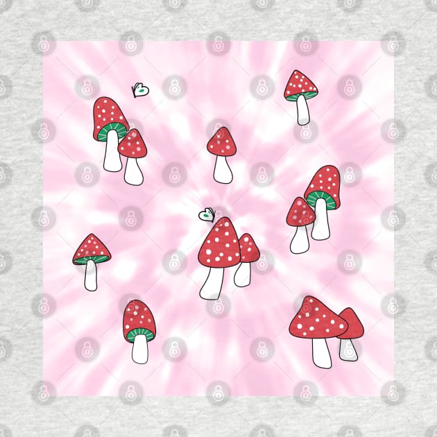 Aesthetic Red Hatted Mushrooms and Butterflies on a Pink Pastel Tie Dye Background by YourGoods